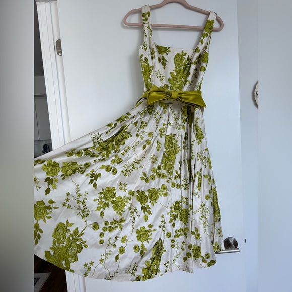 Ross Mayer raw silk white and green tea length cocktail dress - Picture 2 of 10